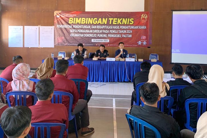 Pelaksanaan Bimtek pemungutan dan penghitungan suara serta penggunaan Sirekap di Balai Desa Punung yang melibatkan PPK dari dapil Pacitan 1 dan Pacitan 2.